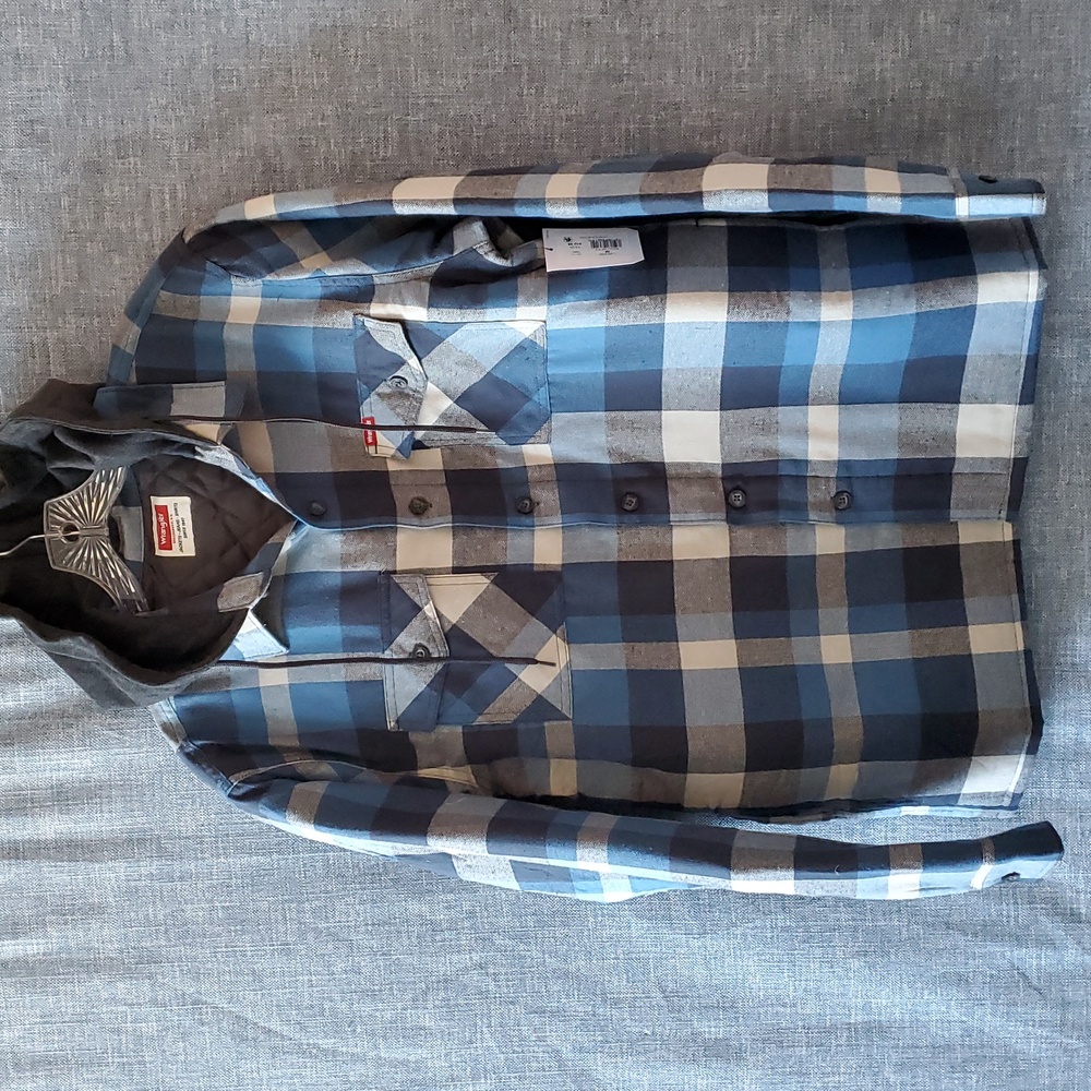 Wrangler Padded Quilted Hooded Shirt Button Down Jacket Shacket Blue